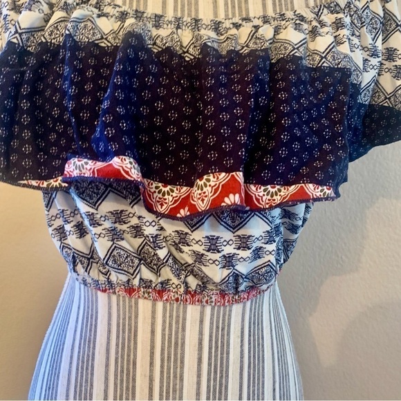 Topia Crop Top Med Ruffled Flutter Sleeves Red White Navy Blue Boho Off Shoulder - Picture 3 of 13